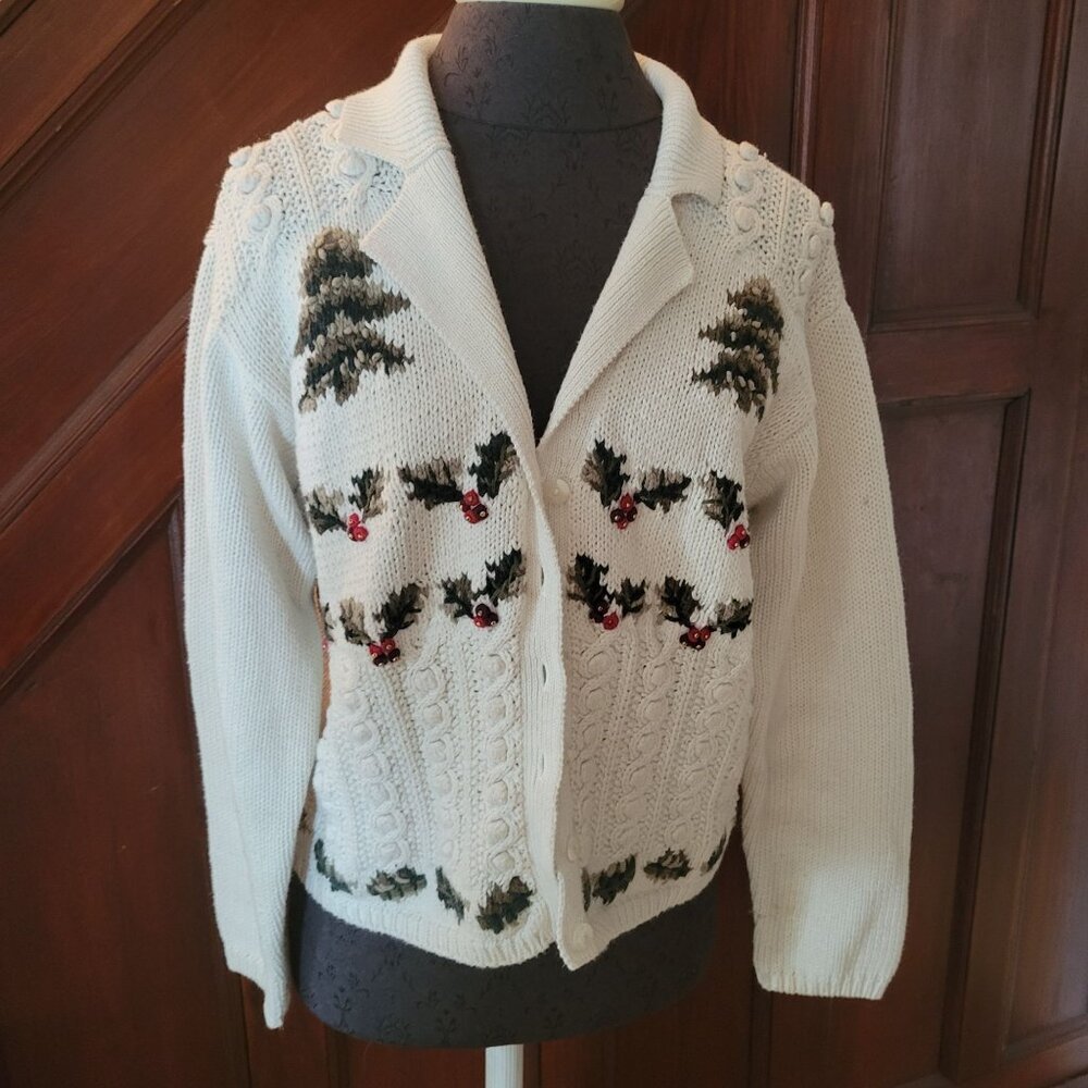 Melissa Brooks Holiday Cardigan Sweater L Ramie/Cotton Festive Knit White